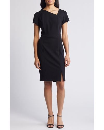 Connected Apparel Asymmetric Neck Scuba Sheath Dress - Black