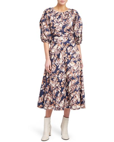 En Saison Abella Floral Puff Sleeve Midi A-line Dress - Multicolor