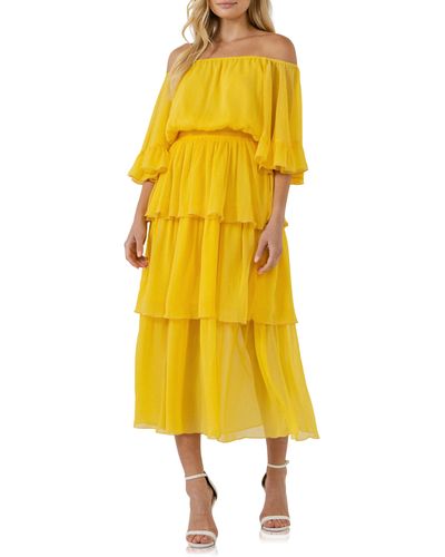 Endless Rose Off The Shoulder Tiered Chiffon Dress - Yellow