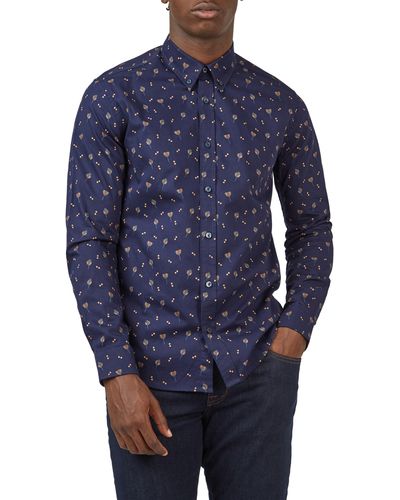 Ben Sherman Regular Fit Floral Cotton Button-down Shirt - Blue