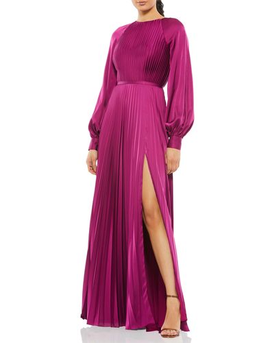 Ieena for Mac Duggal Pleated Long Sleeve Satin A-line Gown - Purple