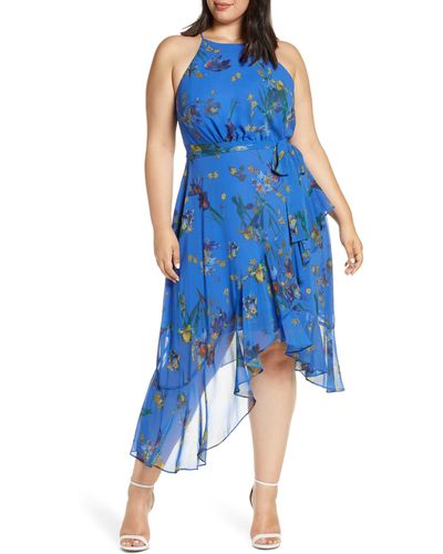 Cece Watercolor Floral Halter Neck Asymmetrical Hem Dress - Blue