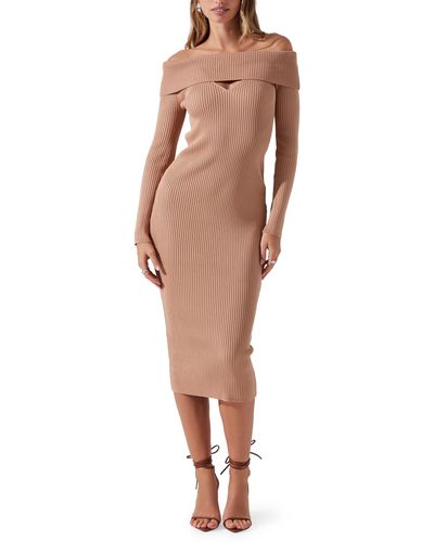 Astr Cutout Off The Shoulder Long Sleeve Midi Sweater Dress - Natural