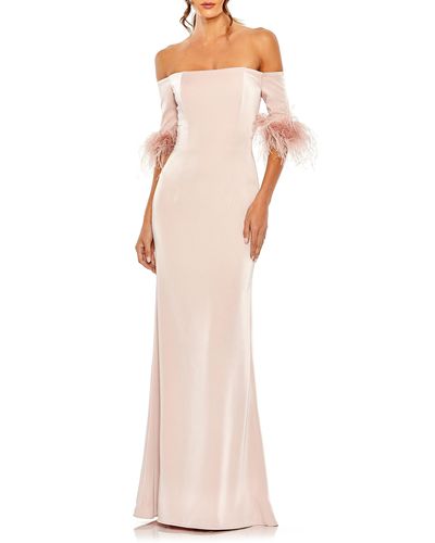Mac Duggal Feather Trim Off The Shoulder Gown - Pink