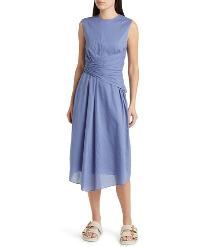 FRAME Ruched Sleeveless Cotton Midi Dress - Blue