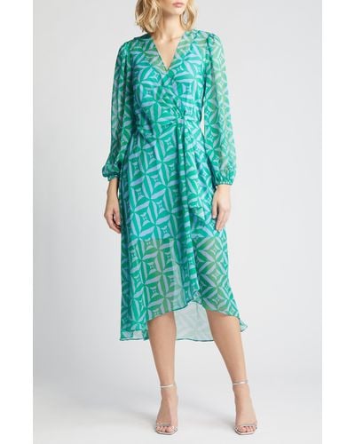 Sam Edelman Geometric Long Sleeve Chiffon Wrap Dress - Green