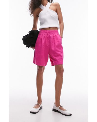 TOPSHOP Linen Blend Bermuda Shorts - Pink