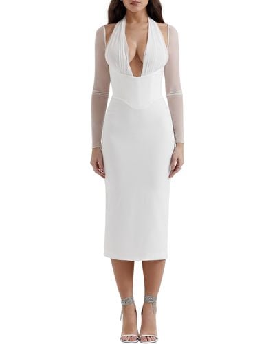 House Of Cb Yasmin Long Sleeve Body-con Midi Cocktail Dress - White