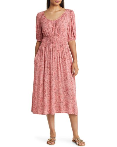 Caslon Caslon(r) Puff Sleeve Shirred Waist Dress - Pink