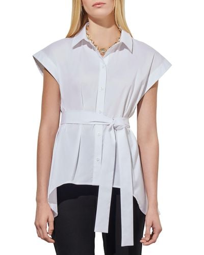 Ming Wang Belted High-low Button-up Shirt - White