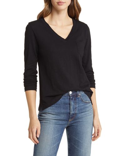 Caslon Caslon(r) Long Sleeve V-neck Shirt - Black