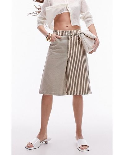 TOPSHOP Patchwork Stripe Long Denim Shorts - Natural