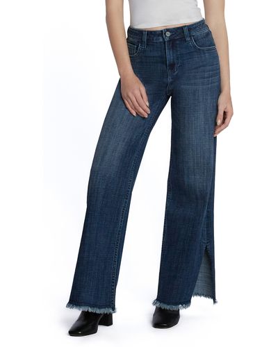 HINT OF BLU Frayed Split Hem Mid Rise Wide Leg Jeans - Blue