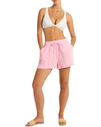 Sea Level Sunset Beach Cotton Gauze Cover-up Shorts - Red