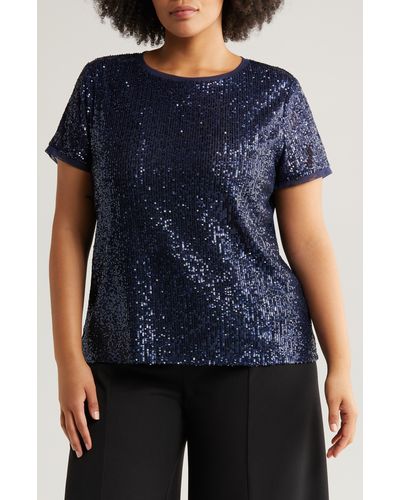 Anne Klein Sequin Short Sleeve Mesh T-shirt - Blue