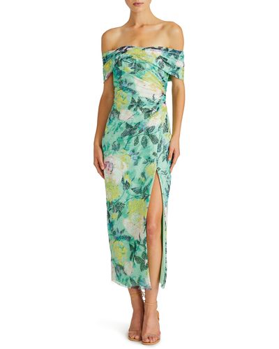 ML Monique Lhuillier Allie Floral Print Off The Shoulder Lace Midi Cocktail Dress - Green