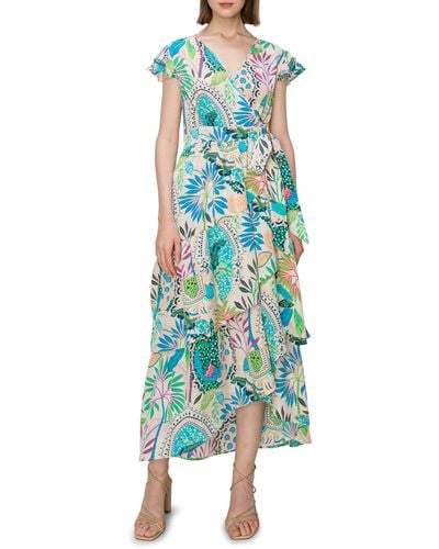 MELLODAY Floral Print Flutter Sleeve Faux Wrap Midi Dress - Green