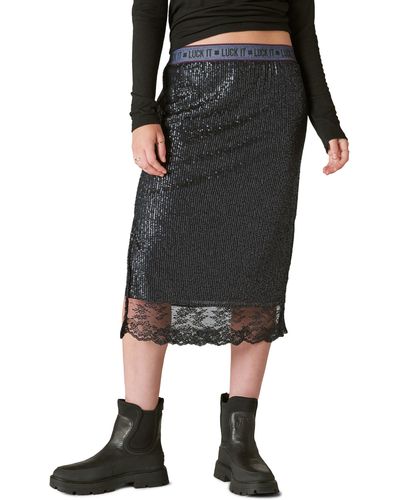 Lucky Brand Sequin Lace Trim Midi Skirt - Black
