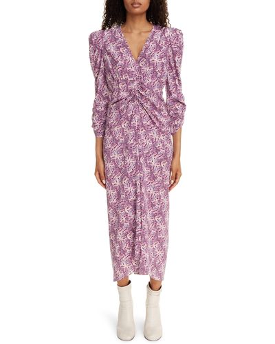 Isabel Marant Albini Abstract Print Ruched Stretch Silk Midi Dress - Purple