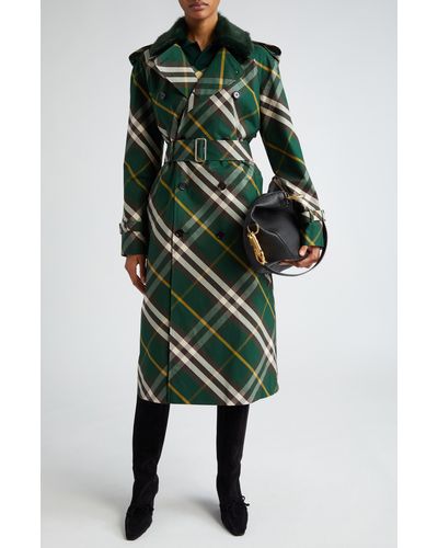 Burberry Check Water Resistant Gabardine Trench Coat With Removable Faux Fur Collar - Green