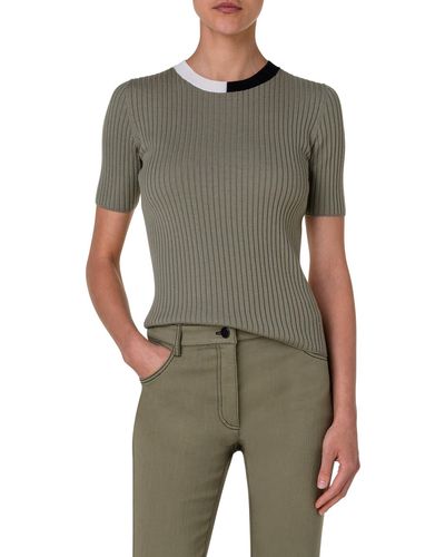 Akris Punto Colorblock Short Sleeve Virgin Wool Rib Sweater T-shirt - Green