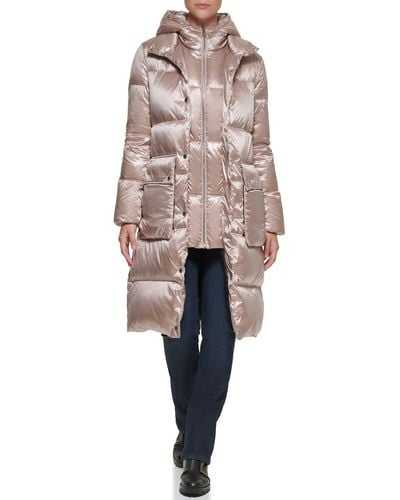 Karl Lagerfeld Water Resistant Down & Feather Fill Coat With Attached Bib Insert - Natural