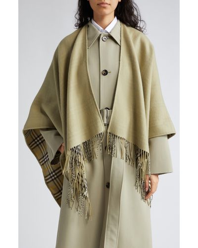 Burberry Fringed Wool Reversible Cape - White