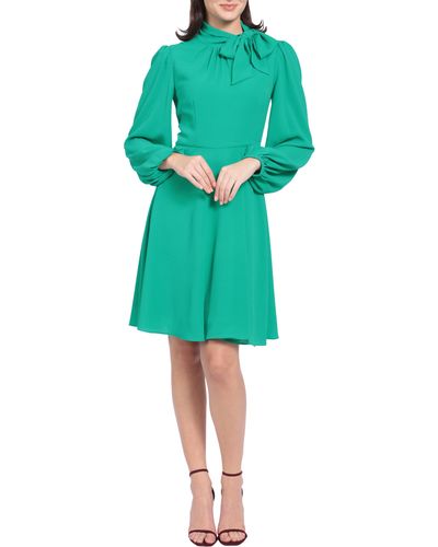 Maggy London Catalina Tie Neck Long Sleeve Fit & Flare Crepe Dress - Green