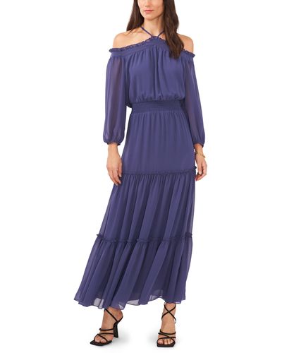 1.STATE Tiered Off The Shoulder Long Sleeve Maxi Dress - Blue