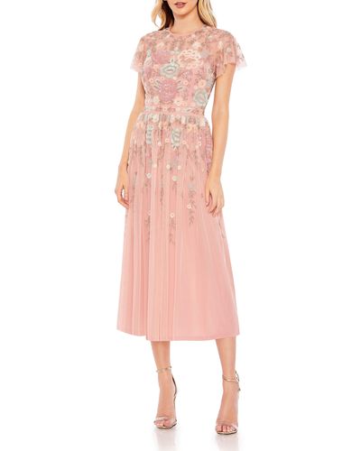 Mac Duggal Beaded Floral Flutter Sleeve Cocktail Dress - Pink