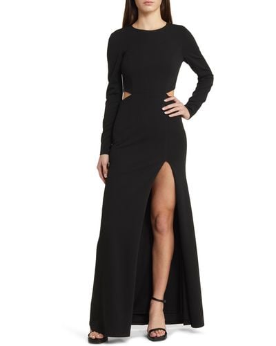 Lulus Going For The Wow Side Slit Long Sleeve Gown - Black