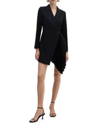 Mango Pleated Asymmetric Long Sleeve Blazer Dress - Black