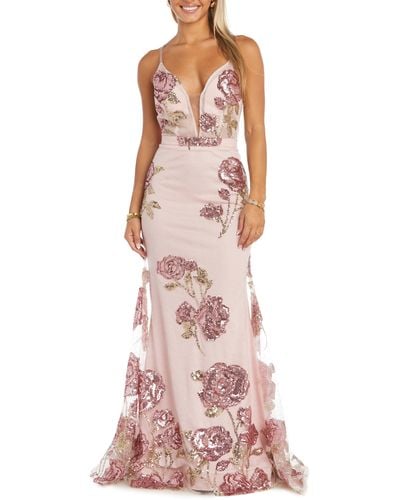 Morgan & Co. Floral Sequin Gown - Pink
