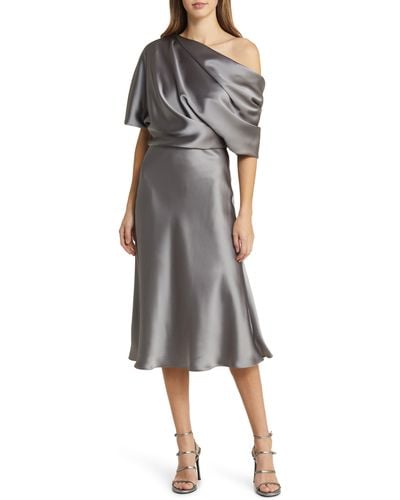 Amsale One-shoulder Fluid Satin Cocktail Midi Dress - Gray