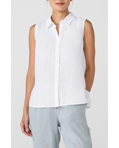 Eileen Fisher Classic Sleeveless Organic Linen Button-up Shirt - White