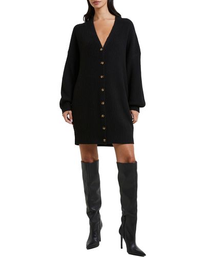 French Connection Babysoft Rib Button Front Long Sleeve Sweater Dress - Black
