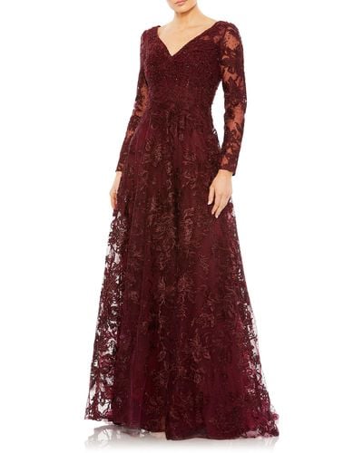 Mac Duggal Beaded Floral Embroidered Long Sleeve A-line Gown