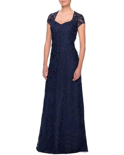 La Femme Embellished Lace Gown - Blue