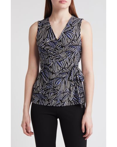 Anne Klein Printed Sleeveless Wrap Front Knit Top - Blue