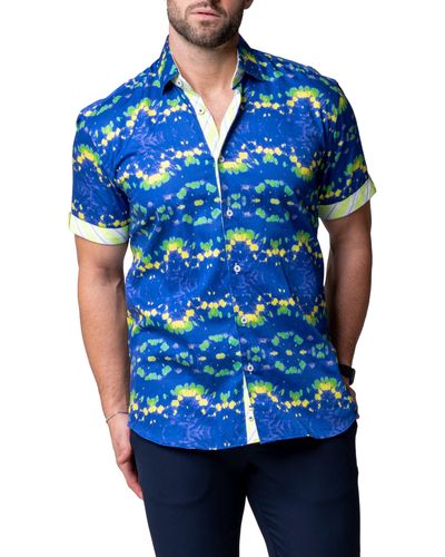 Maceoo Galileo Dyegreen Short Sleeve Cotton Button-up Shirt At Nordstrom - Blue