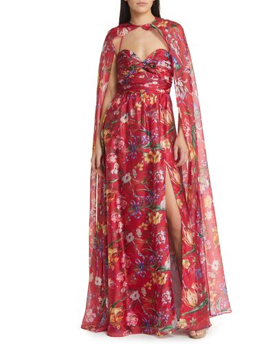 Marchesa Floral Print Cape Gown - Red