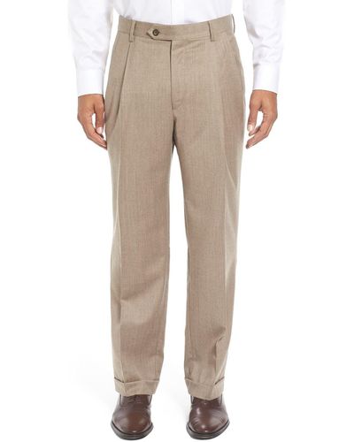 Berle Lightweight Flannel Pleated Classic Fit Dress Pants - Natural