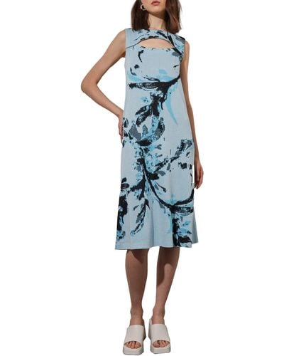 Ming Wang Cutout Abstract Jacquard Knit A-line Dress - Blue