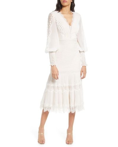 Tadashi Shoji Lace Pintuck Long Sleeve Cocktail Dress - White