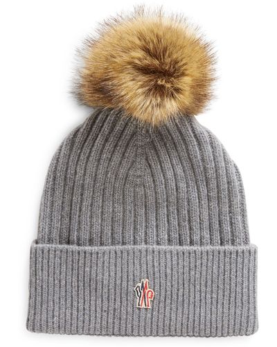 3 MONCLER GRENOBLE Cashmere & Wool Rib Beanie With Faux Fur Pompom - Gray