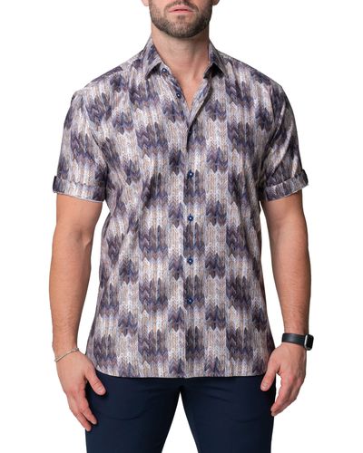Maceoo Galileo Puddle Stretch Short Sleeve Button-up Shirt At Nordstrom - Brown