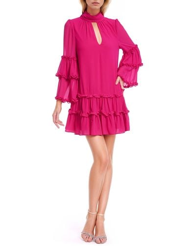 Badgley Mischka Tiered Ruffle Long Sleeve Keyhole Cutout Trapeze Dress - Pink