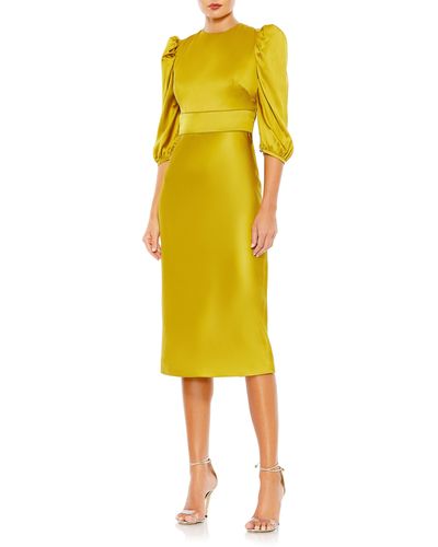 Mac Duggal Puff Sleeve Satin Midi Cocktail Dress - Yellow