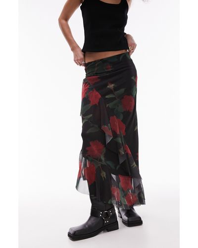 TOPSHOP Ruffle Mesh Midi Skirt - Black