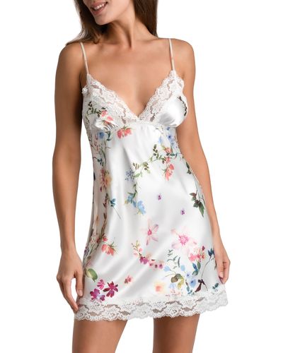 In Bloom Endless Love Floral Lace Trim Satin Chemise - White